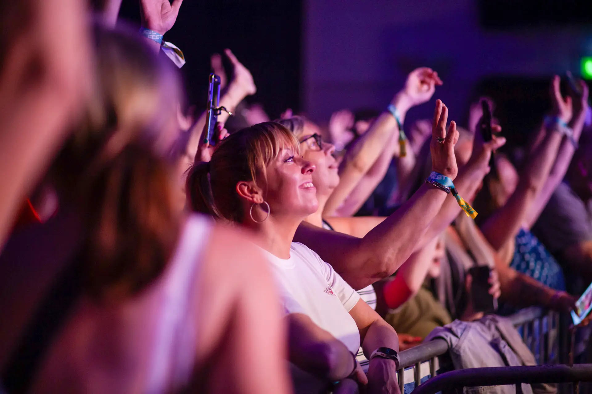 Crowd at the festival with hands raised
